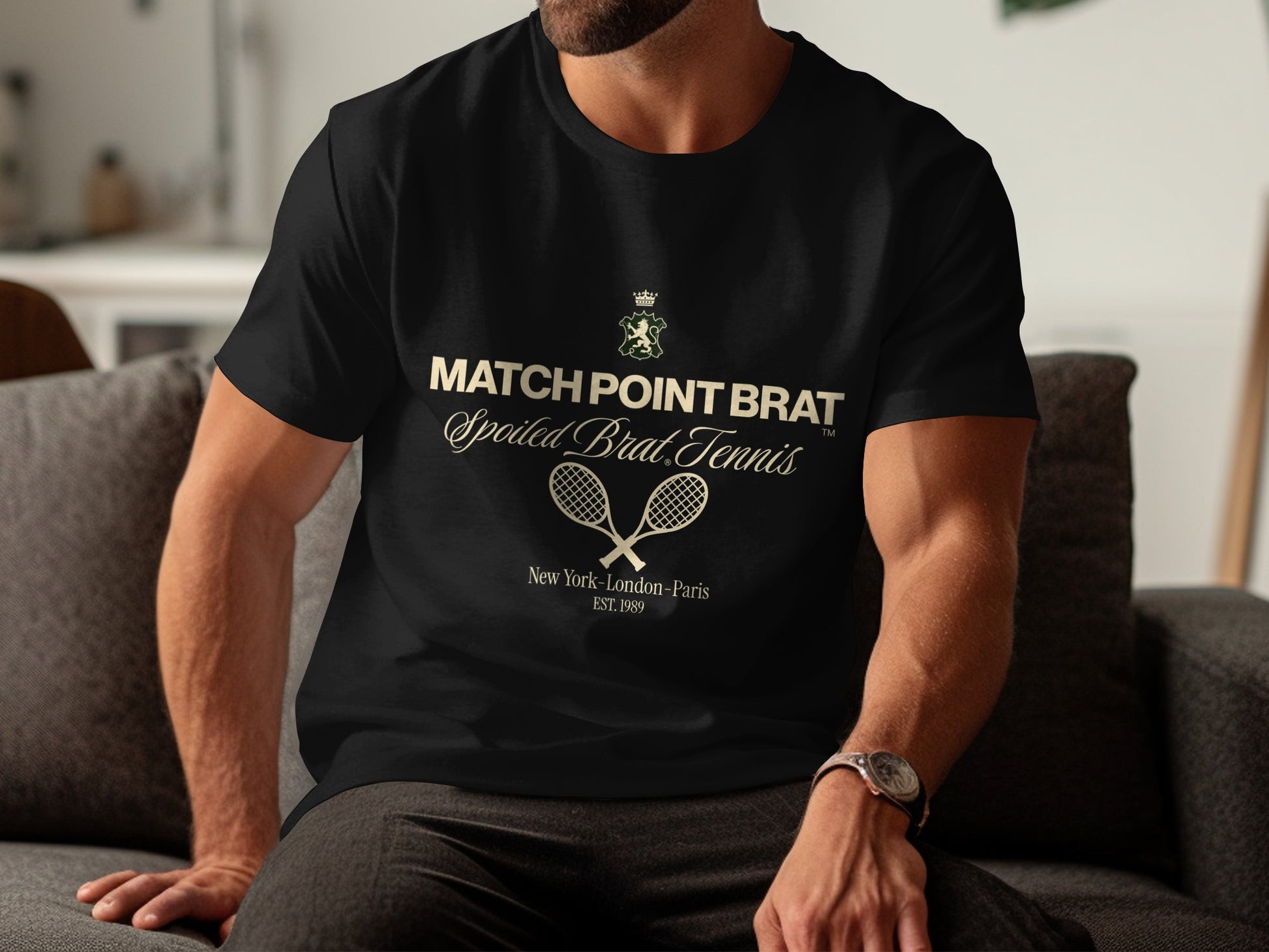 Black t-shirt with "MATCH POINT BRAT Spoiled Brat. Tennis" text and crossed racquets.