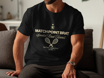Black t-shirt with "MATCH POINT BRAT Spoiled Brat. Tennis" text and crossed racquets.