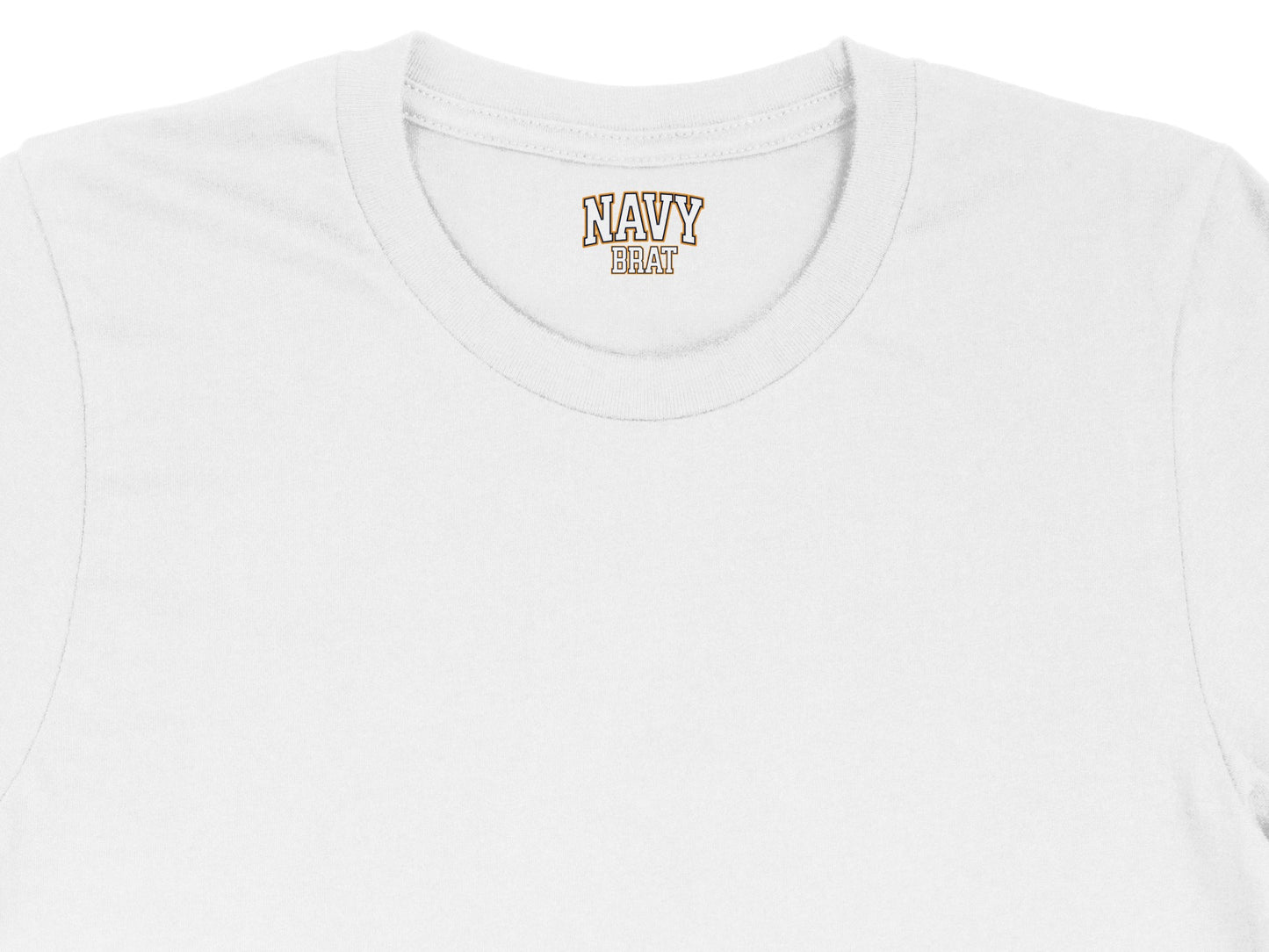 White t-shirt with "NAVY BRAT" graphic on the collar tag.