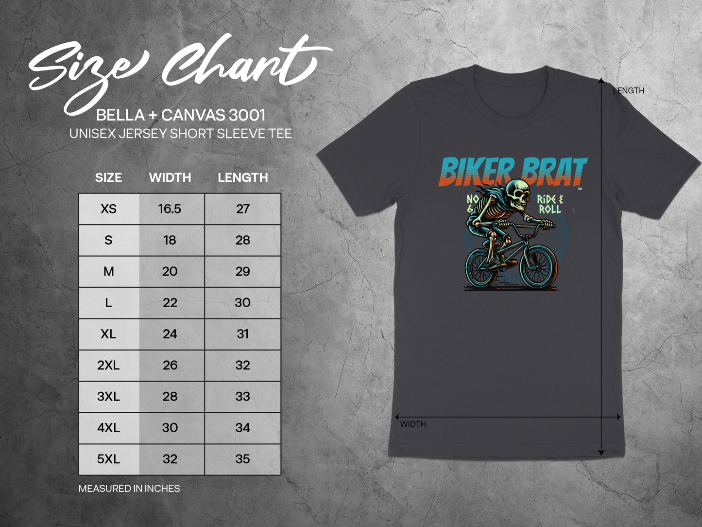 Size chart for Bella+Canvas 3001 unisex t-shirt with a biker brat graphic.