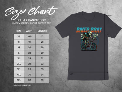 Size chart for Bella+Canvas 3001 unisex t-shirt with a biker brat graphic.