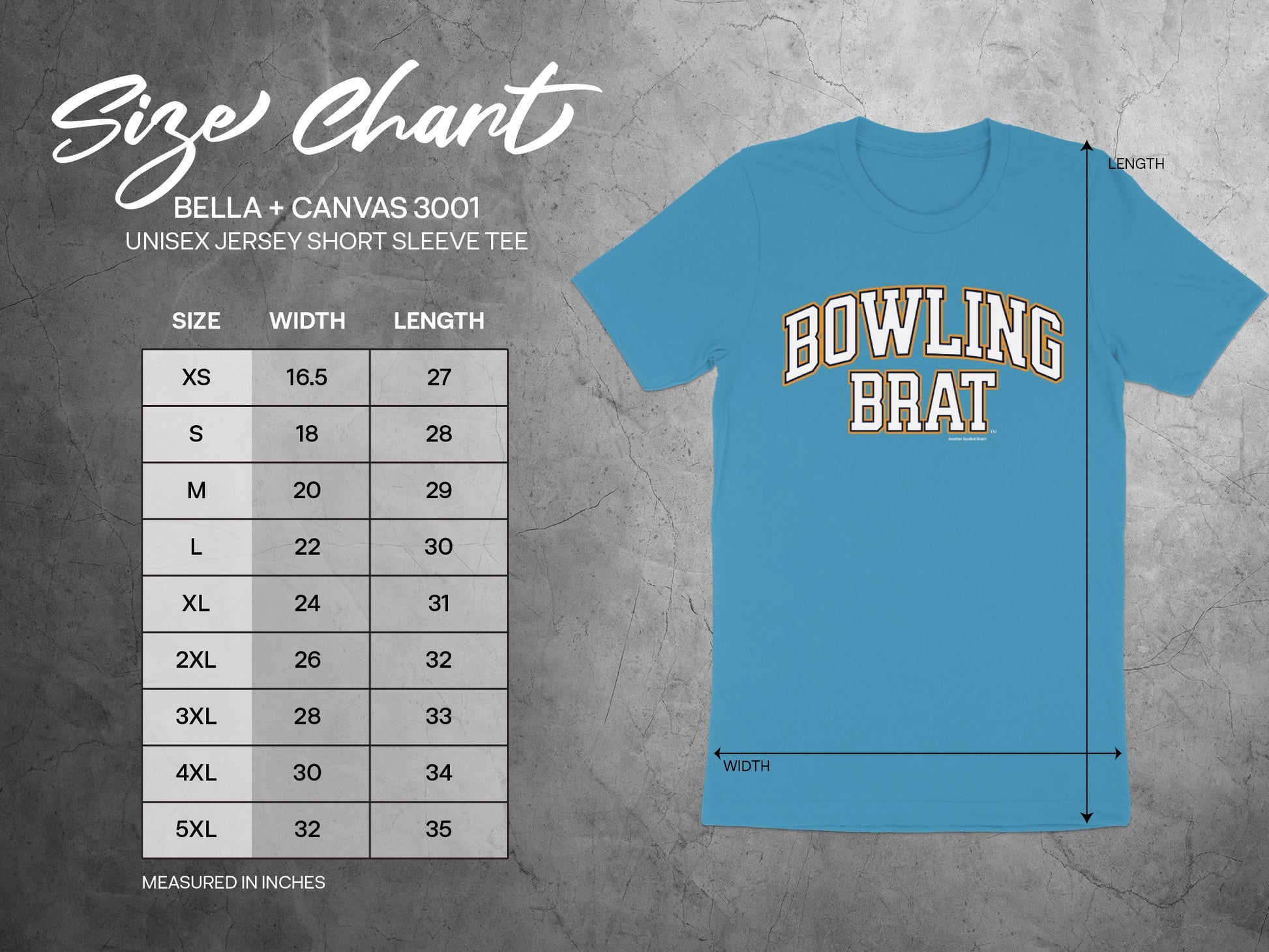 Bella + Canvas 3001 size chart for unisex short sleeve tee in inches.