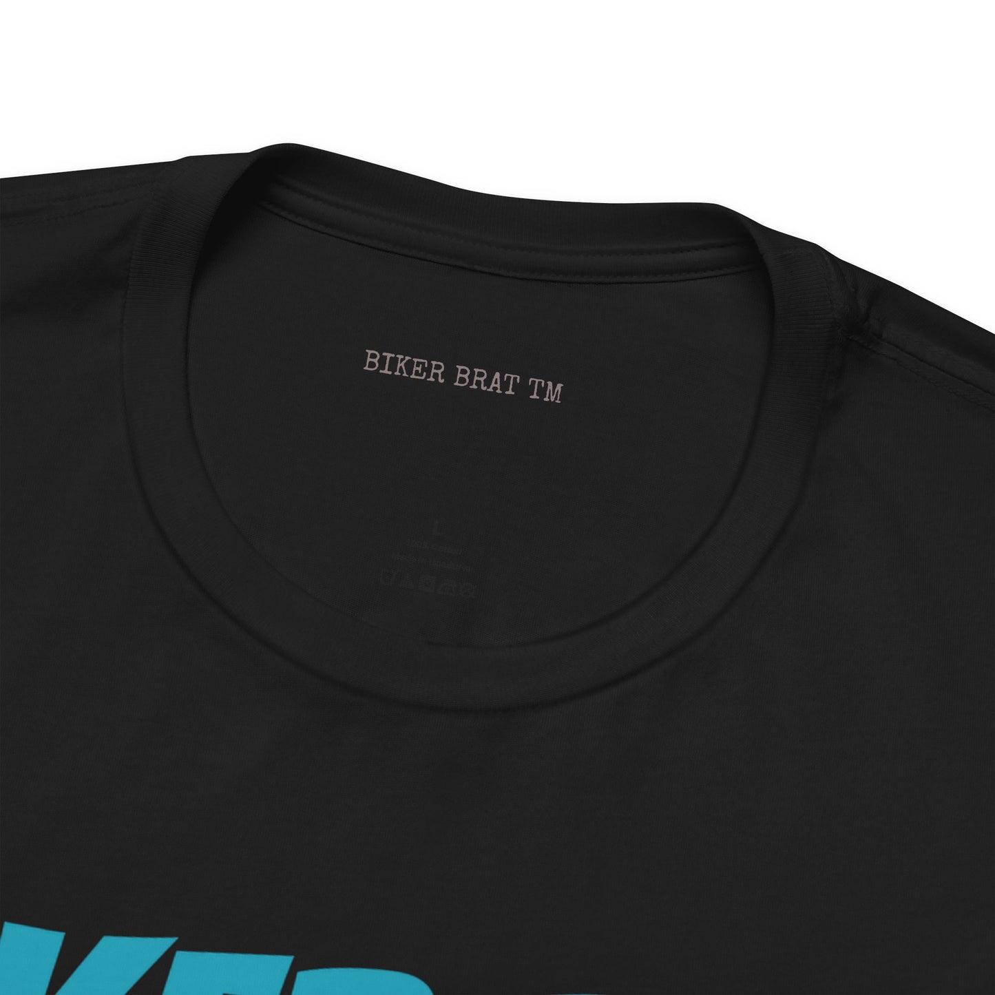 Black t-shirt with "BIKER BRAT TM" logo on the inside neck tag.