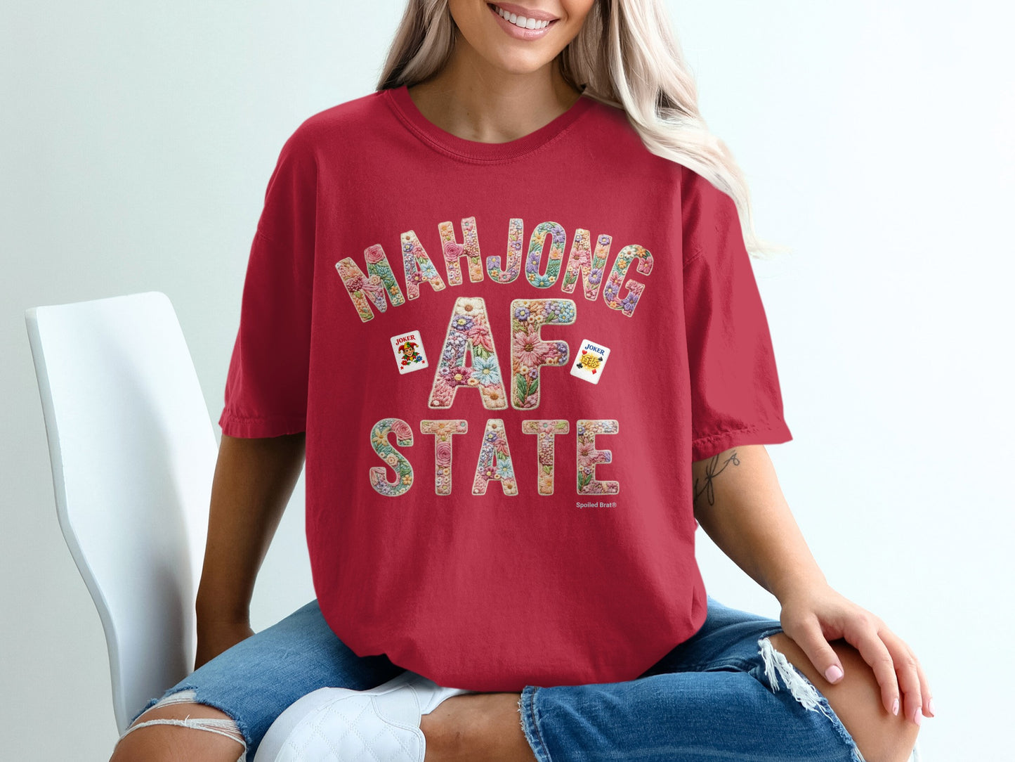 Mahjong AF State T-Shirts, Floral Embroidered looking effect Design, Joker Cards Mahjong Lover Gift, Game Player Tee, Funny Mahjong Shirt (embroidery design effect)