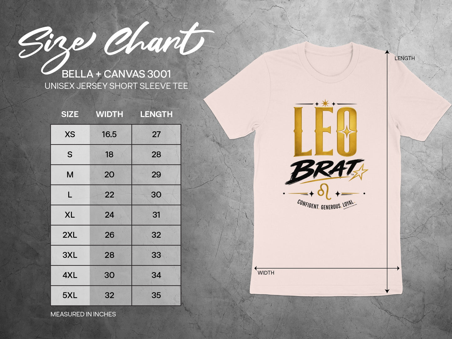 Size chart for Bella + Canvas 3001 unisex short sleeve tee with Leo Brat graphic.