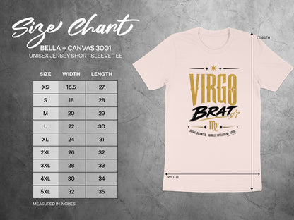 Size chart for Bella + Canvas 3001 unisex t-shirt with width and length in inches.