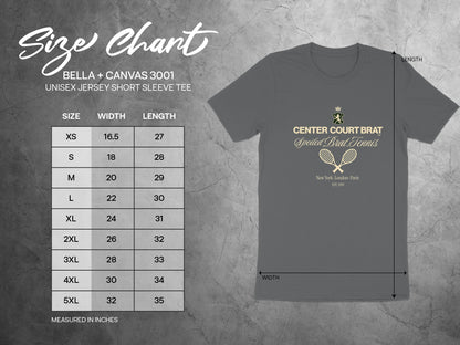 Bella + Canvas 3001 unisex tee size chart with width and length measurements in inches.