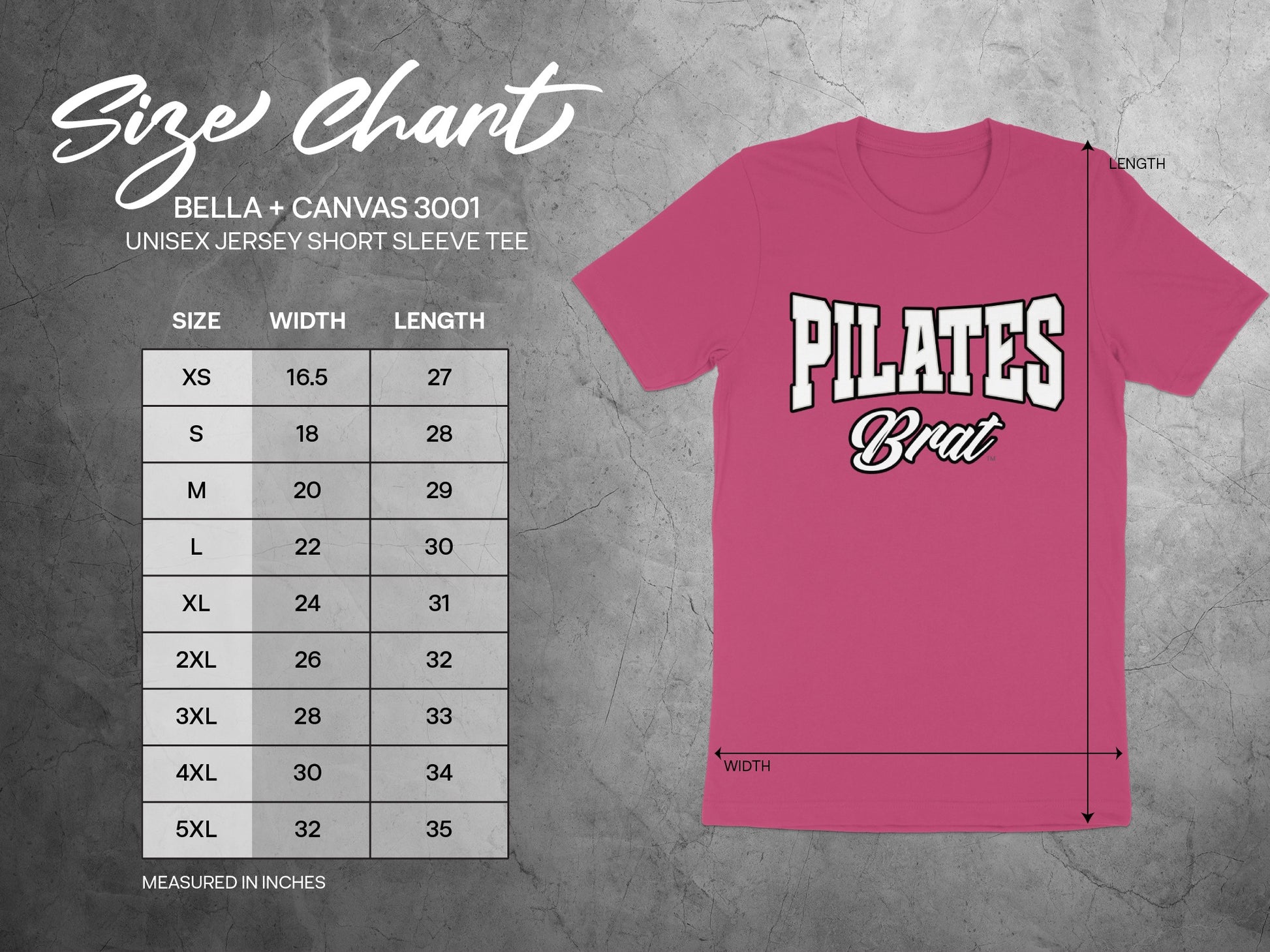 Size chart for Bella + Canvas 3001 unisex jersey tee with "Pilates Brat" design.