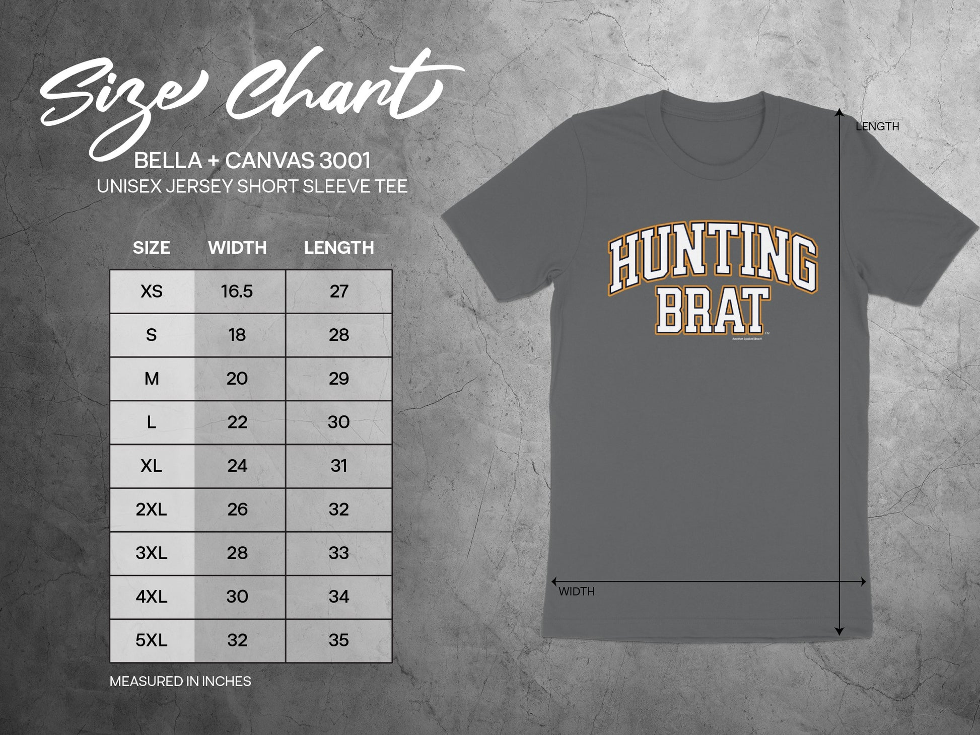 Size chart for Bella + Canvas 3001 unisex short sleeve tee including width and length measurements.