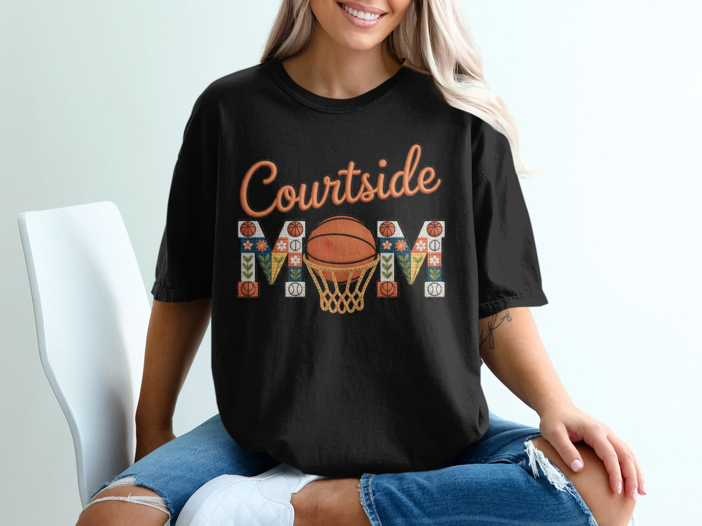 Black t-shirt with "Courtside Mom" text and basketball graphic.