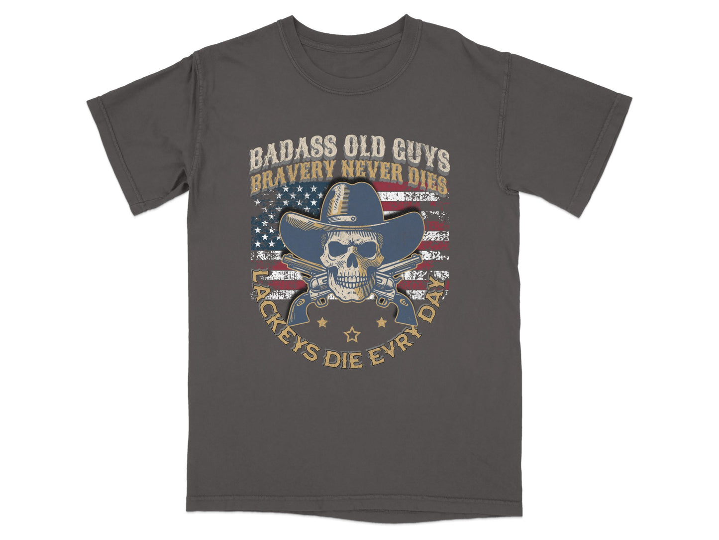 T-shirt with skull, cowboy hat, crossed guns, and American flag.