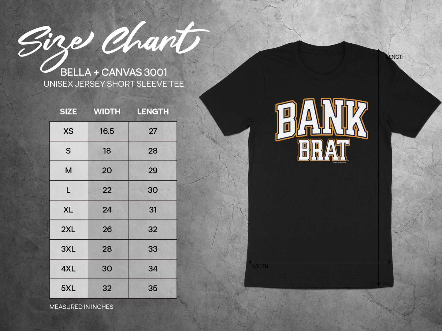 Bella + Canvas 3001 t-shirt size chart with width and length measurements in inches.