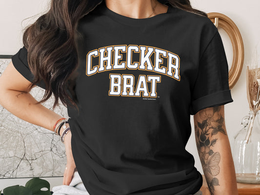 Black t-shirt with white and yellow text "CHECKER BRAT" and "Another Spoiled Brat".