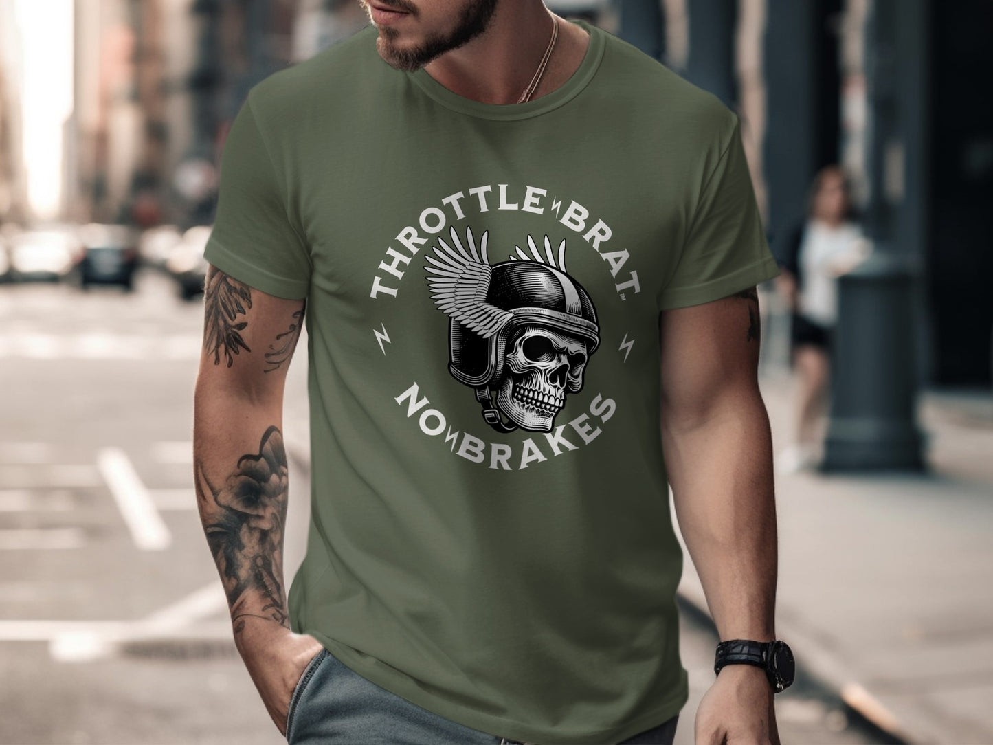 Green t-shirt with skull, wings, and "Throttle Brat No Brakes" text.