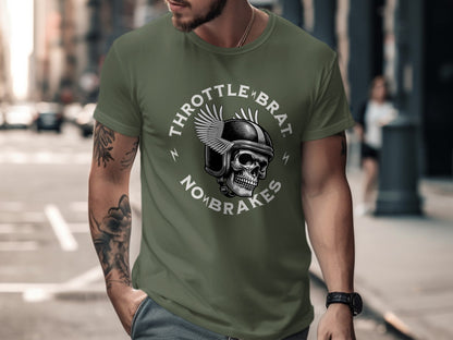 Green t-shirt with skull, wings, and "Throttle Brat No Brakes" text.