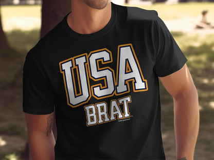 Black t-shirt with "USA BRAT" text and "Another Spoiled Brat" tagline.