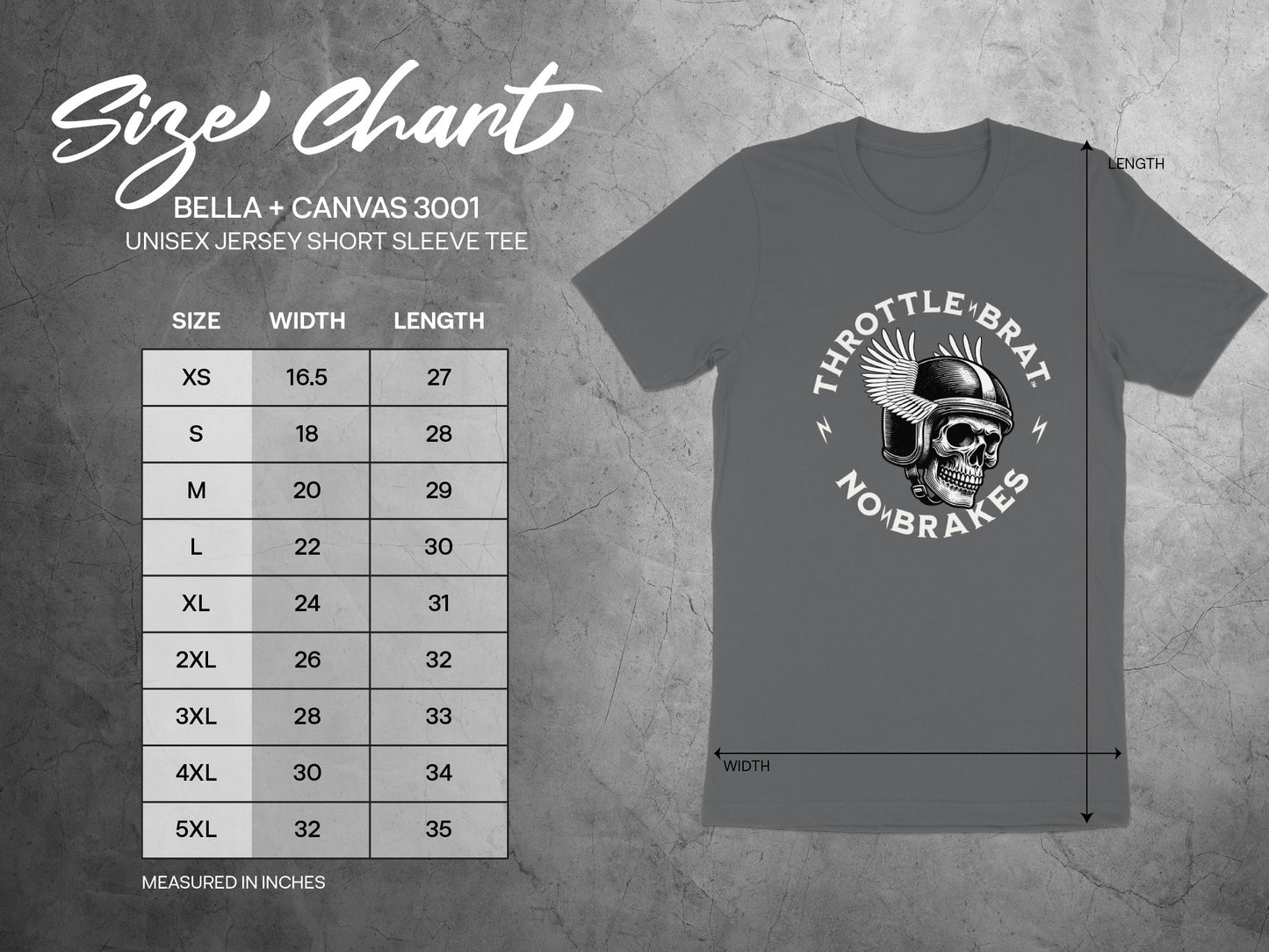 Bella + Canvas 3001 unisex t-shirt size chart with measurements in inches.