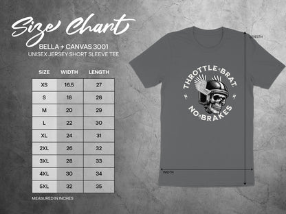 Bella + Canvas 3001 unisex t-shirt size chart with measurements in inches.