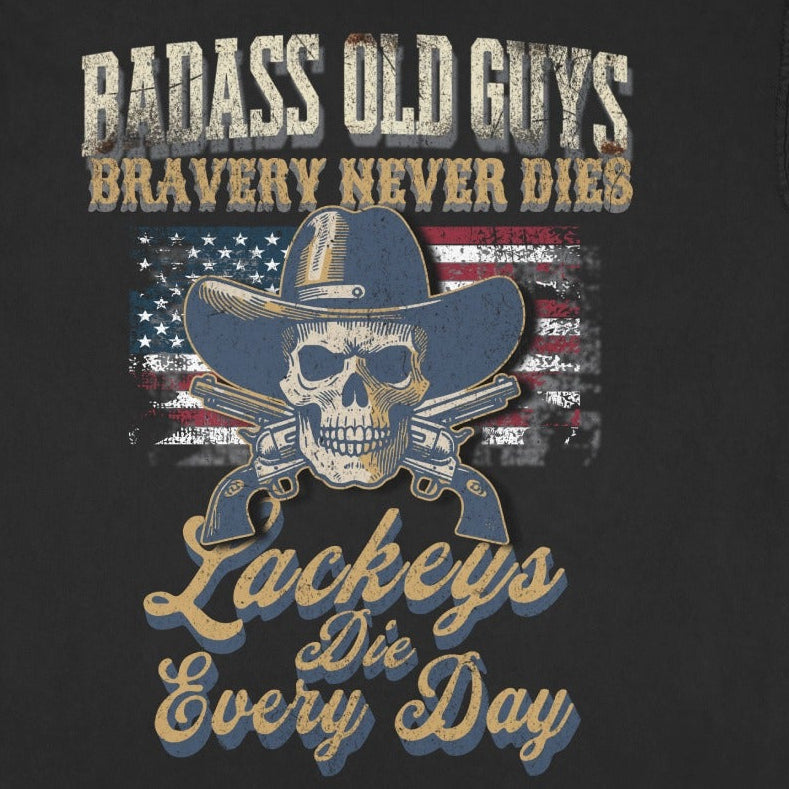 Black t-shirt with skull, American flag, and text "Badass Old Guys".