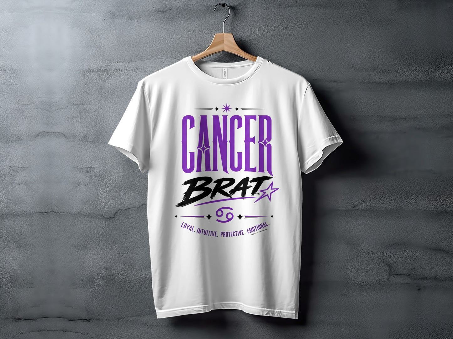 White t-shirt with purple "Cancer Brat" text, Cancer symbol, and trait descriptions.