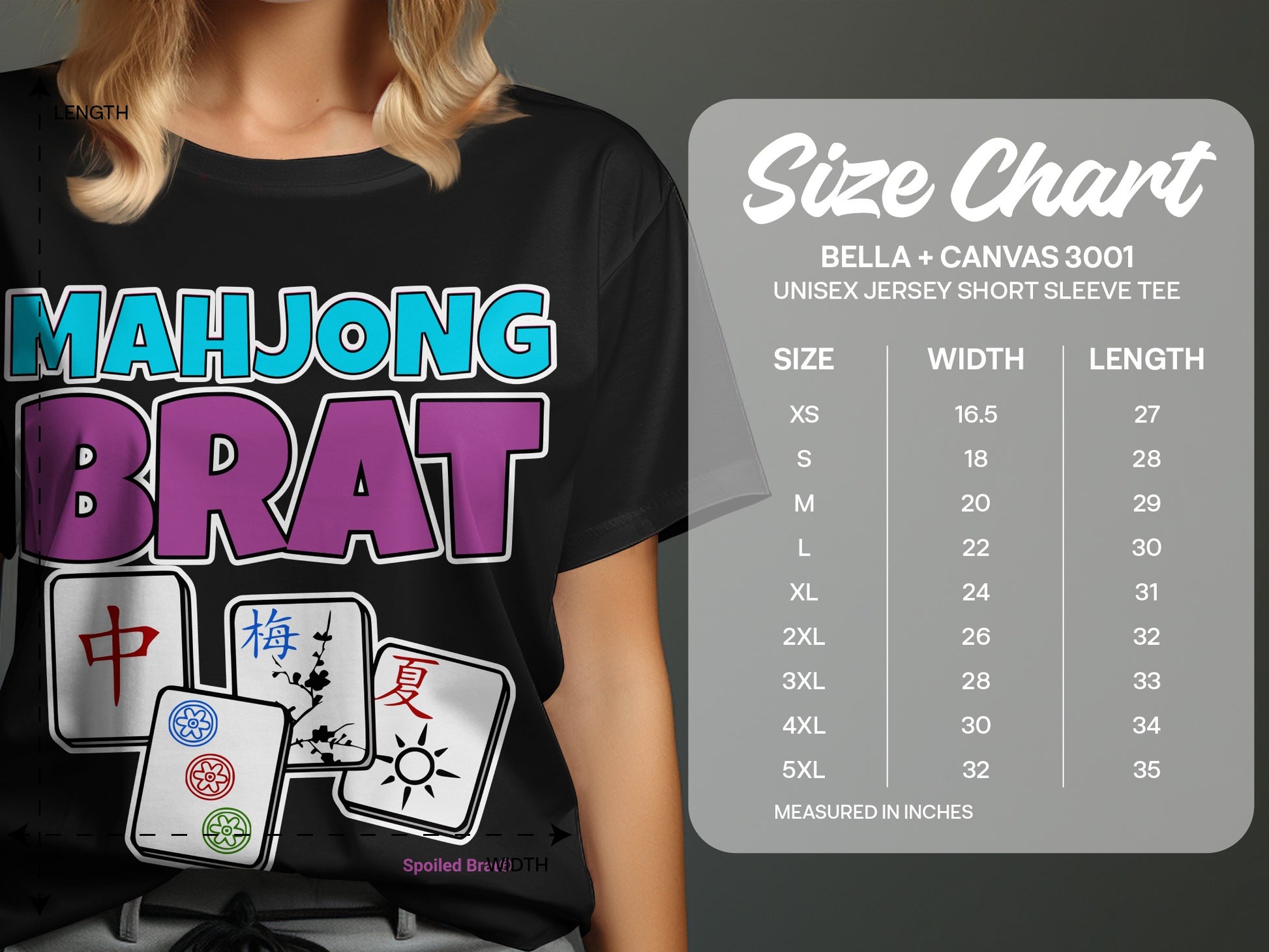 Mahjong Brat graphic tee with size chart for Bella + Canvas 3001 unisex tee.
