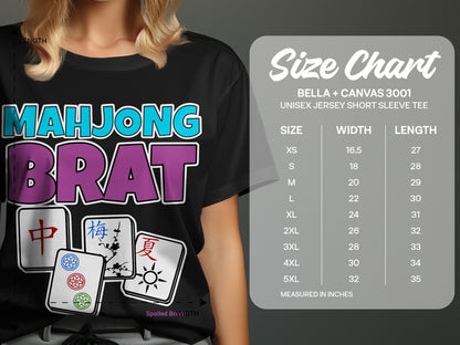 Mahjong Brat graphic tee with size chart for Bella + Canvas 3001 unisex tee.