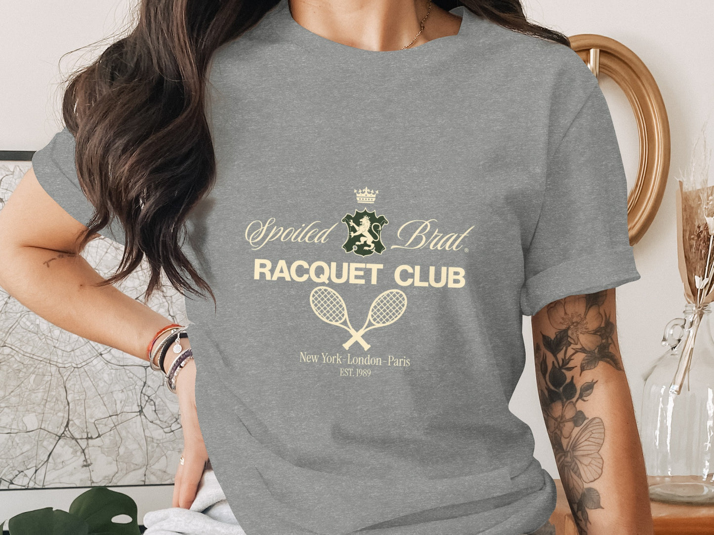 Gray t-shirt with "Spoiled Brat Racquet Club" logo and crossed tennis rackets.