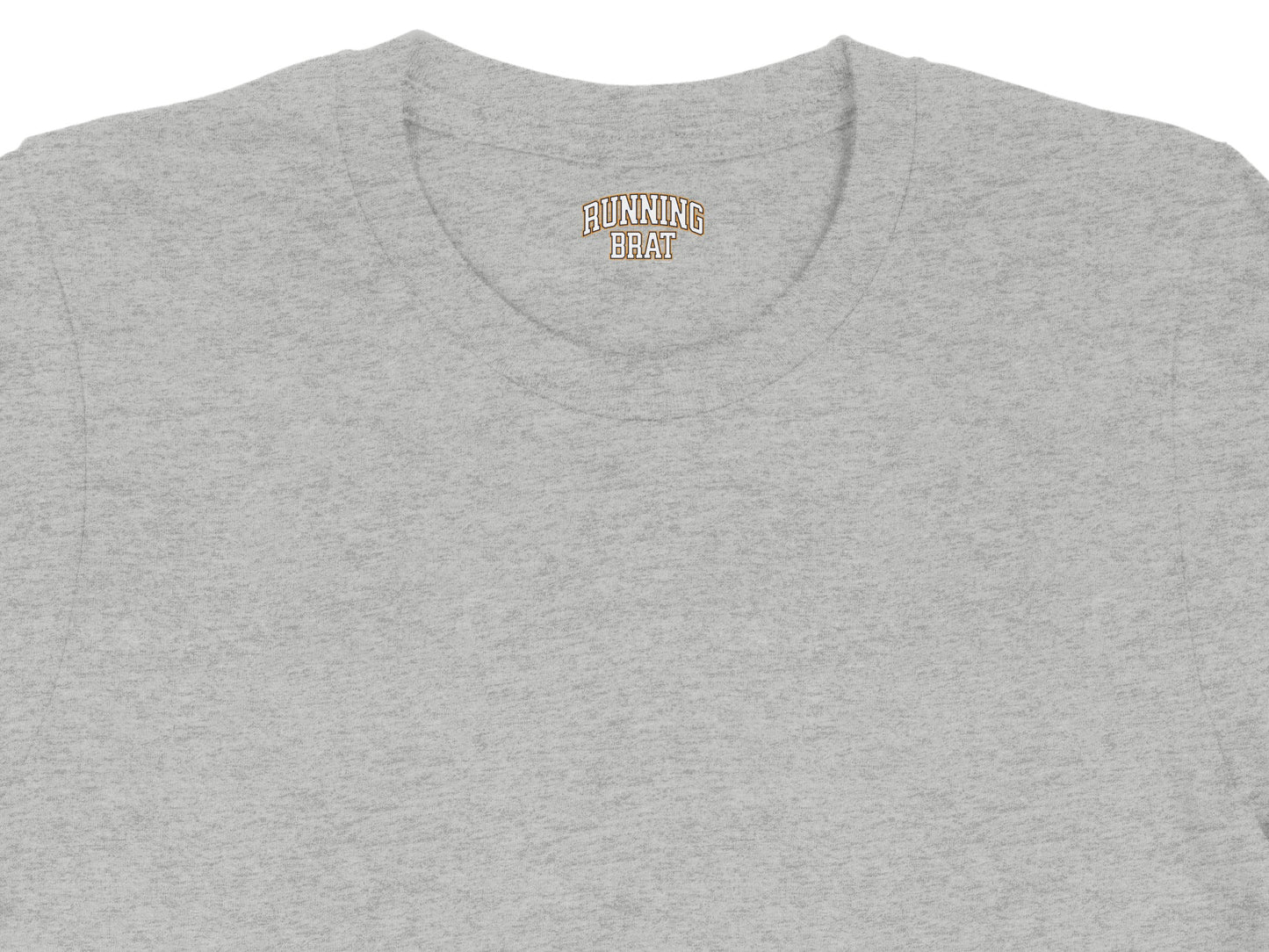 Grey t-shirt with "RUNNING BRAT" text on the inside neck label.
