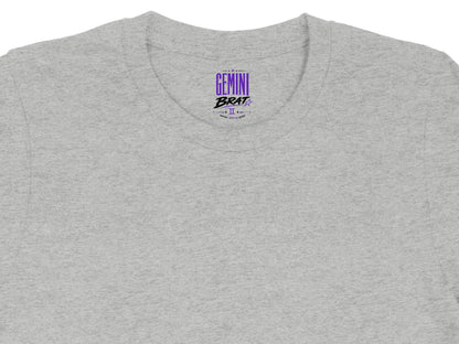 Grey t-shirt with purple "Gemini Brat" text and astrological symbol.