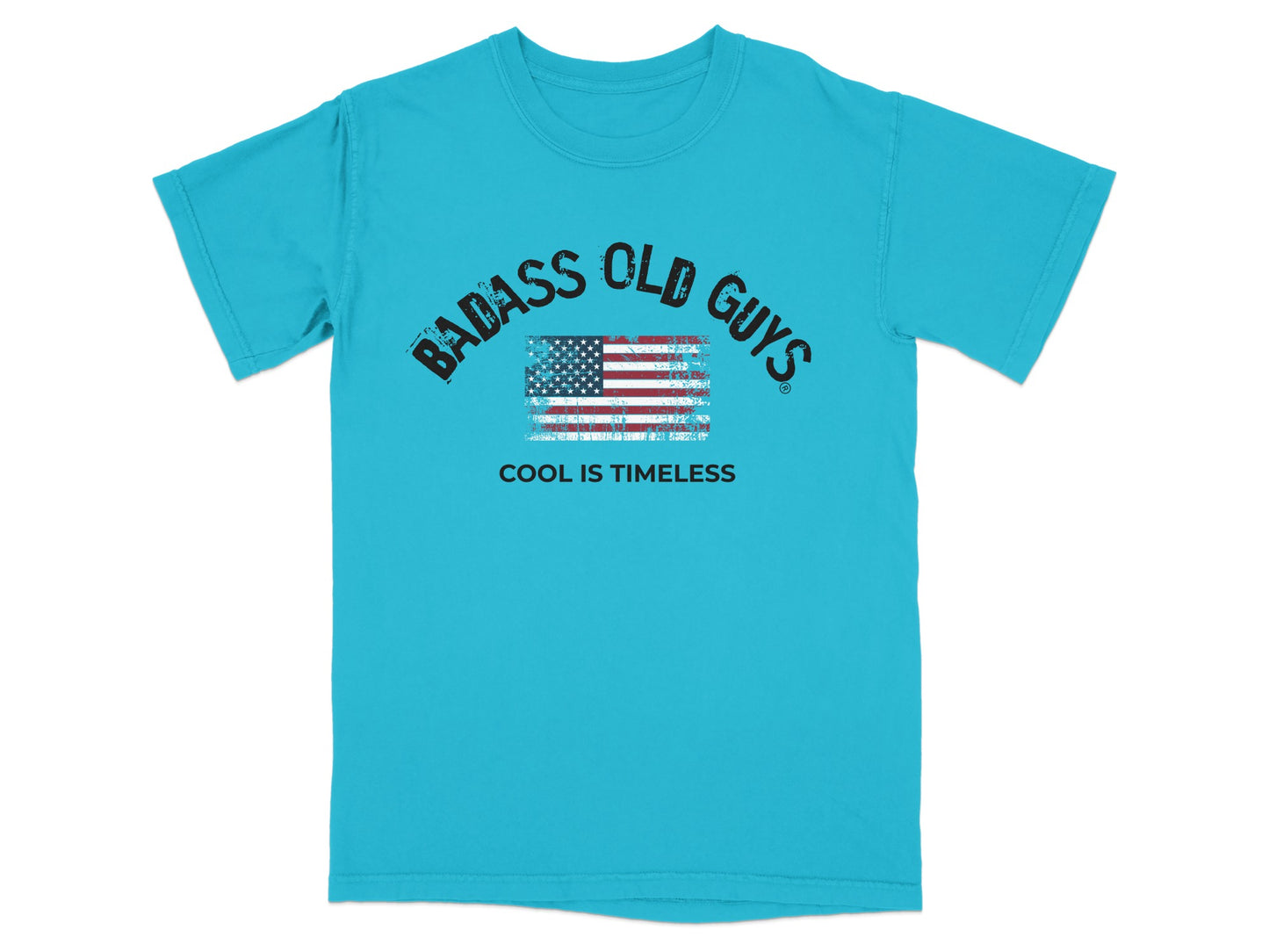 Turquoise t-shirt with distressed American flag and text "BADASS OLD GUYS COOL IS TIMELESS".