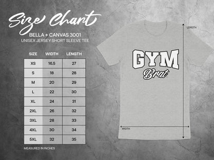 BELLA + CANVAS 3001 unisex jersey short sleeve tee size chart with measurements in inches.