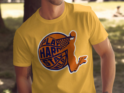 Orange basketball player graphic on a yellow t-shirt.