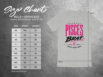BELLA + CANVAS 3001 unisex t-shirt size chart with width and length in inches.