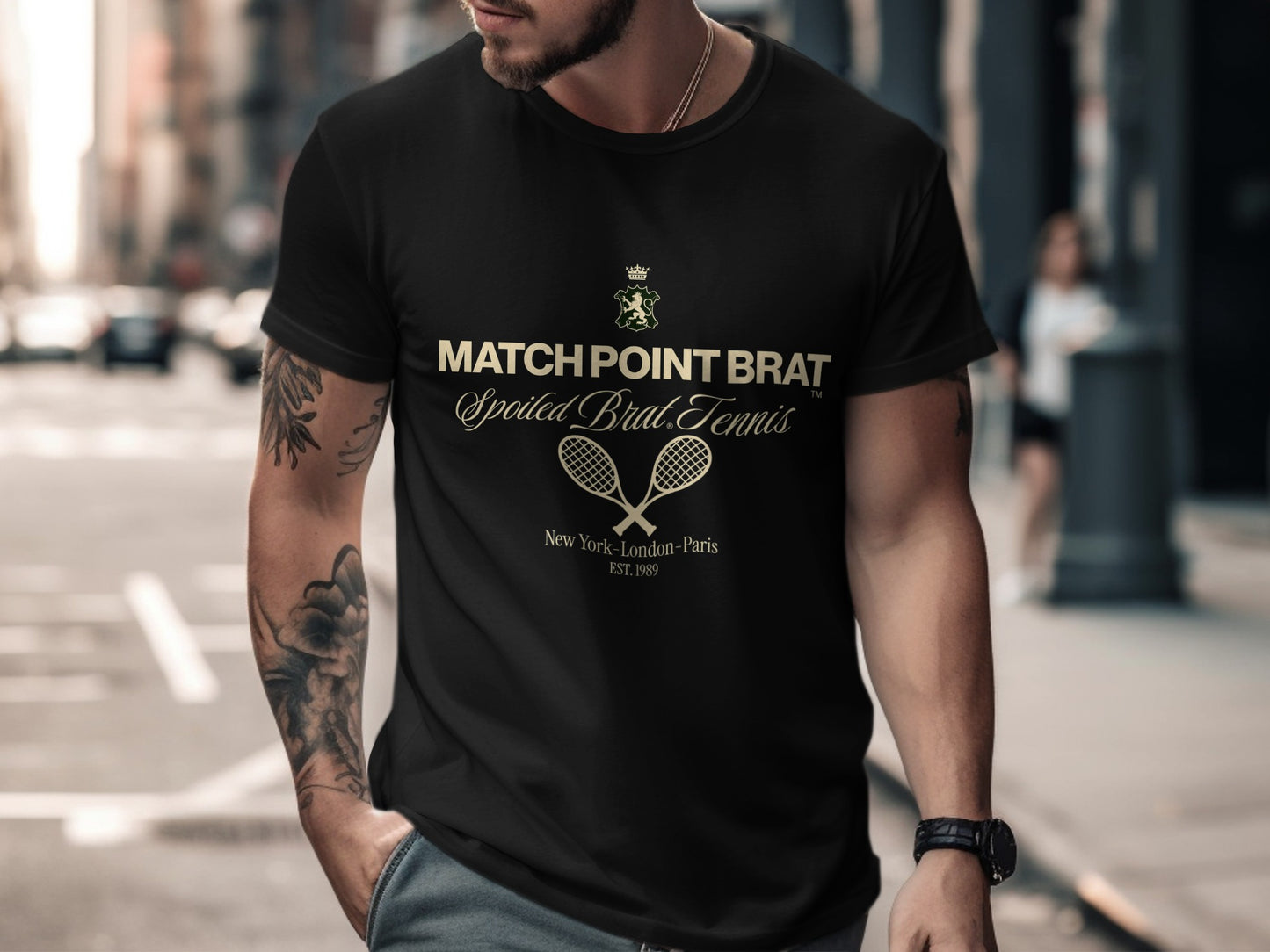 Black t-shirt with "Match Point Brat" and tennis racket logo.