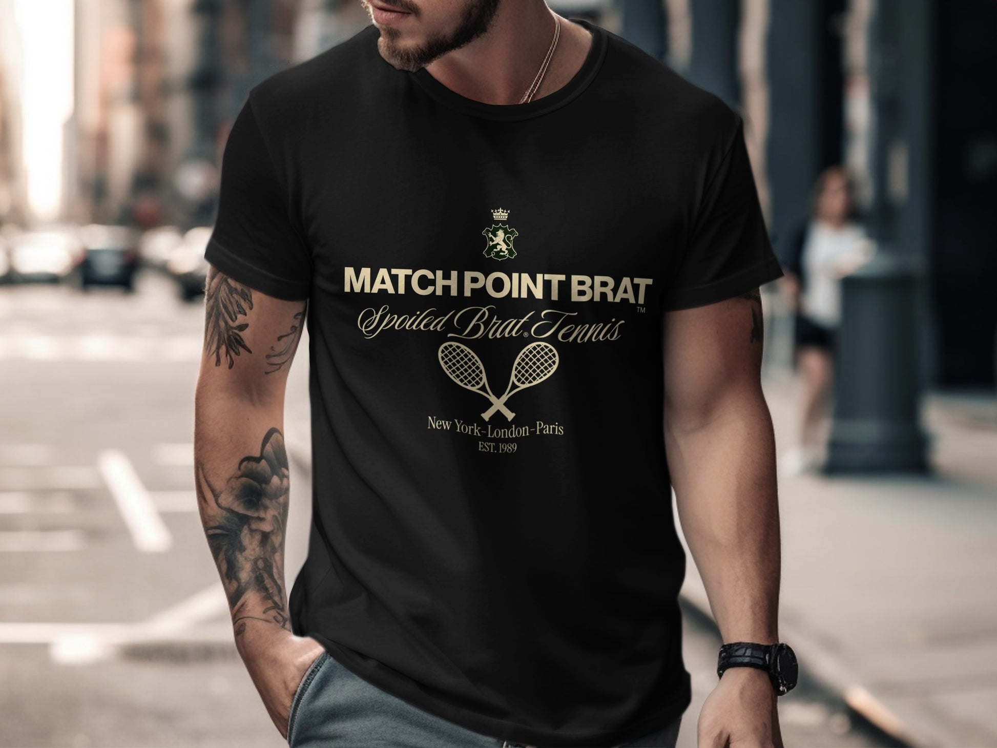 Black t-shirt with "Match Point Brat" and tennis racket logo.