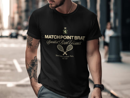 Black t-shirt with "Match Point Brat" and tennis racket logo.