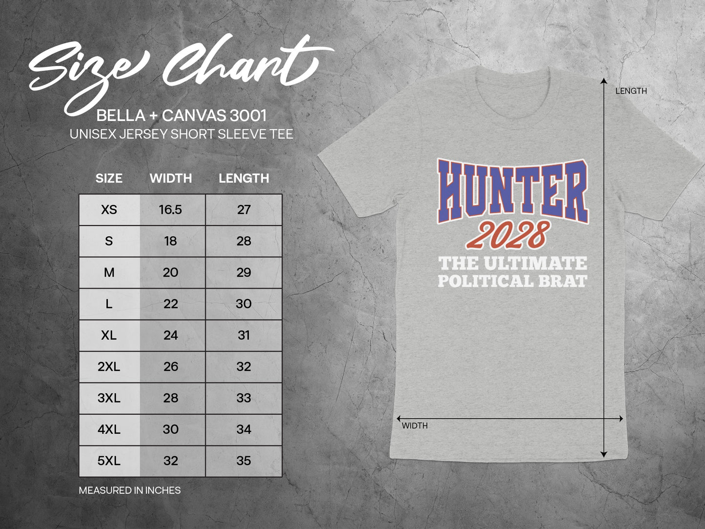 BELLA + CANVAS 3001 size chart with width and length measurements for unisex jersey short sleeve tees.