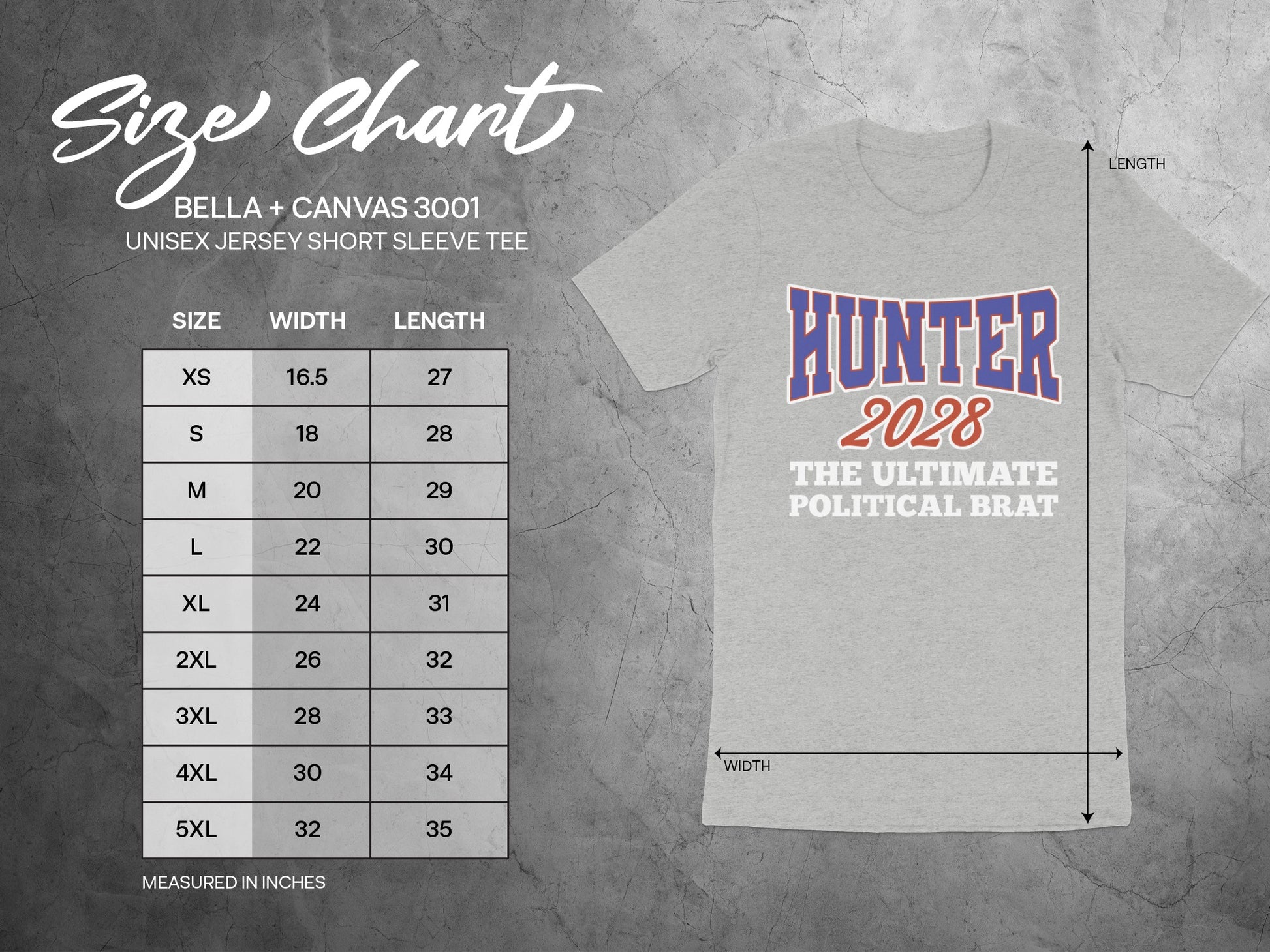 BELLA + CANVAS 3001 size chart with width and length measurements for unisex jersey short sleeve tees.