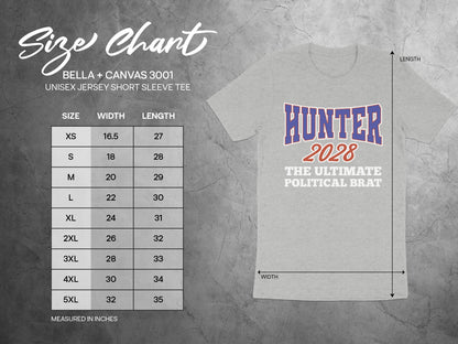 BELLA + CANVAS 3001 size chart with width and length measurements for unisex jersey short sleeve tees.