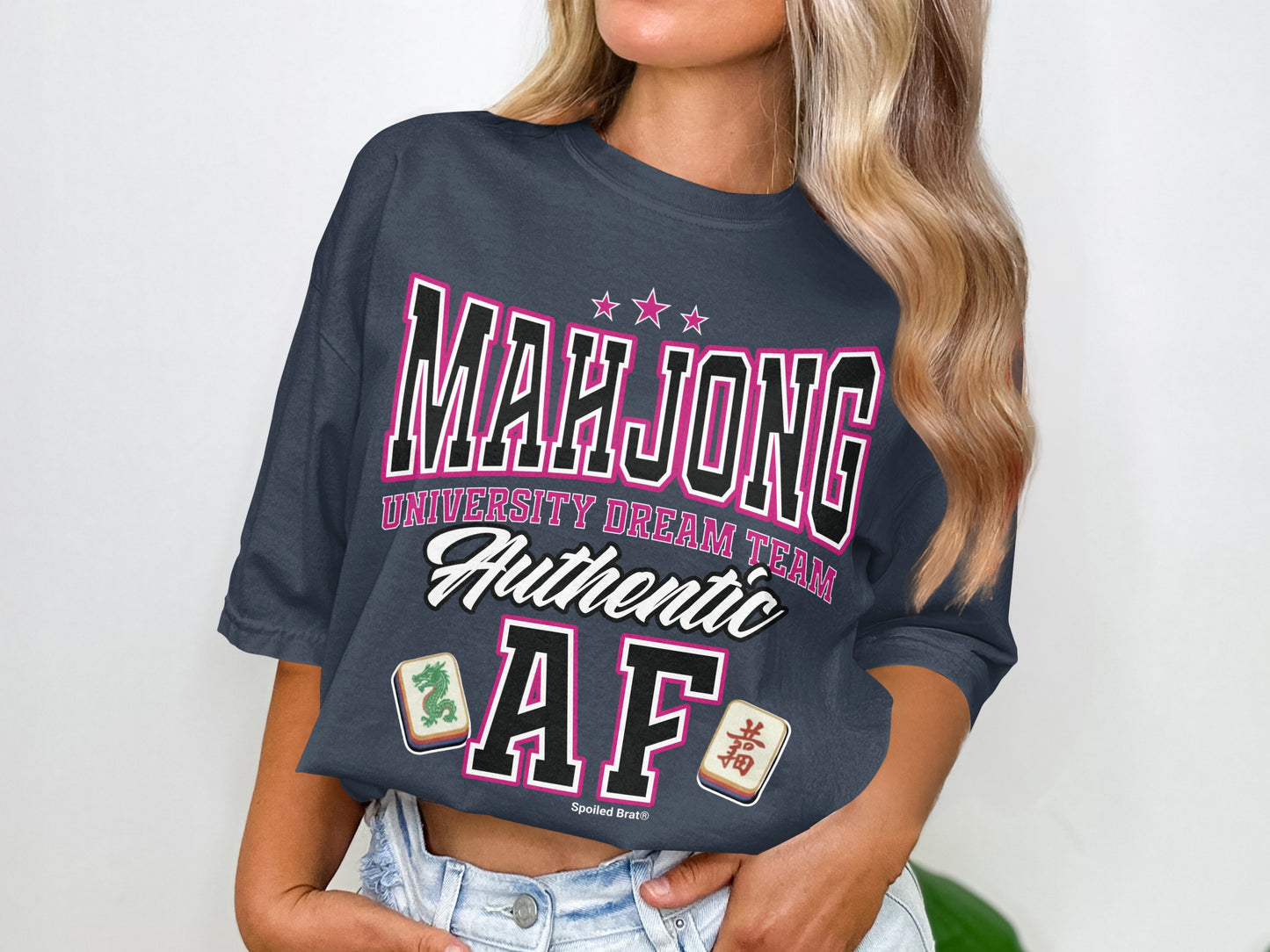 Dark grey t-shirt with "MAHJONG UNIVERSITY DREAM TEAM Authentic AF" text and Mahjong tiles.