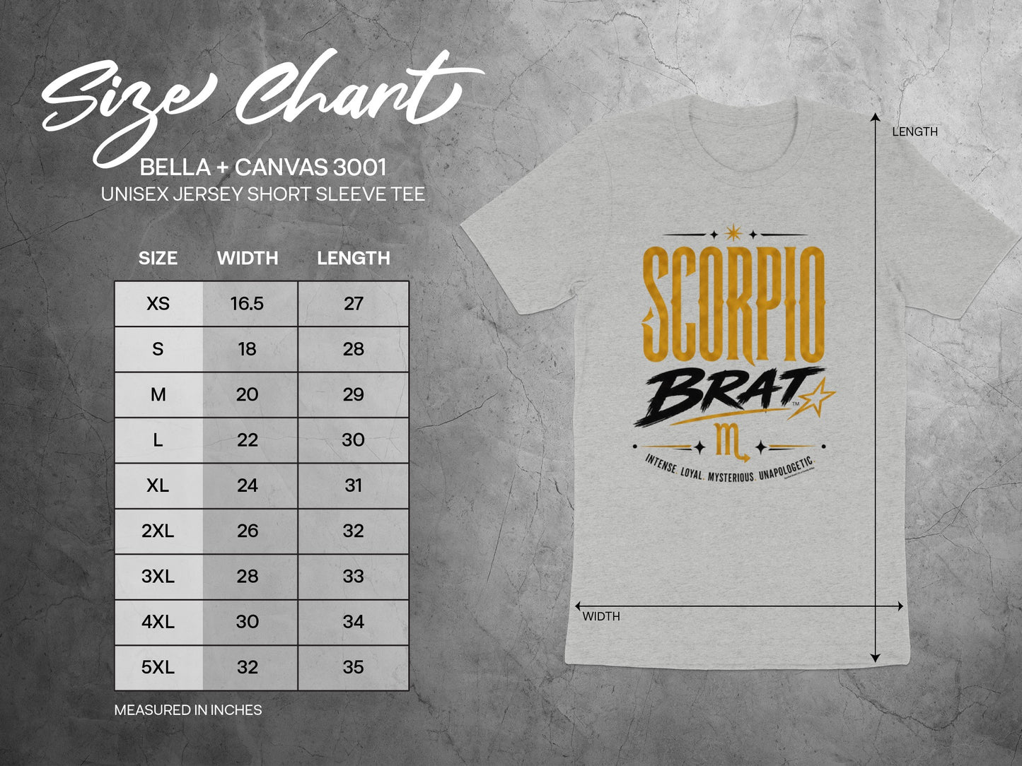 Bella + Canvas 3001 size chart for short sleeve tee with Scorpio Brat graphic.