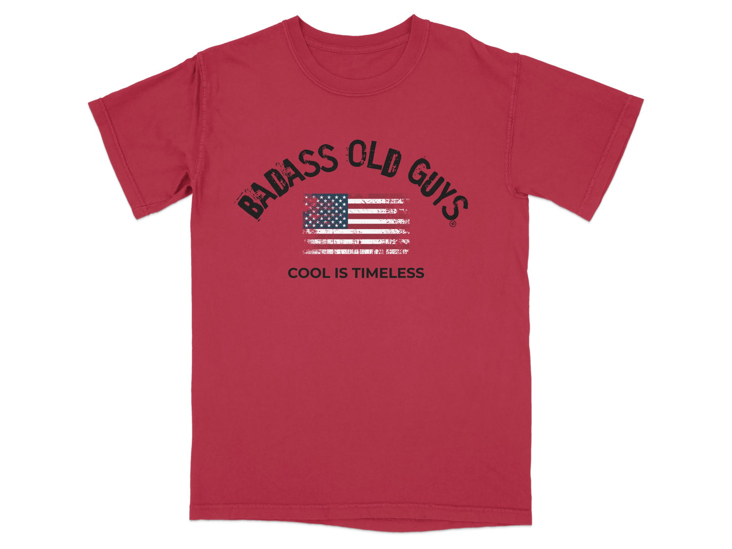 Red t-shirt with "Badass Old Guys" and American flag graphic.