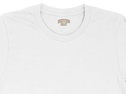 White t-shirt with "HUNTING BRAT" text on the neck label.
