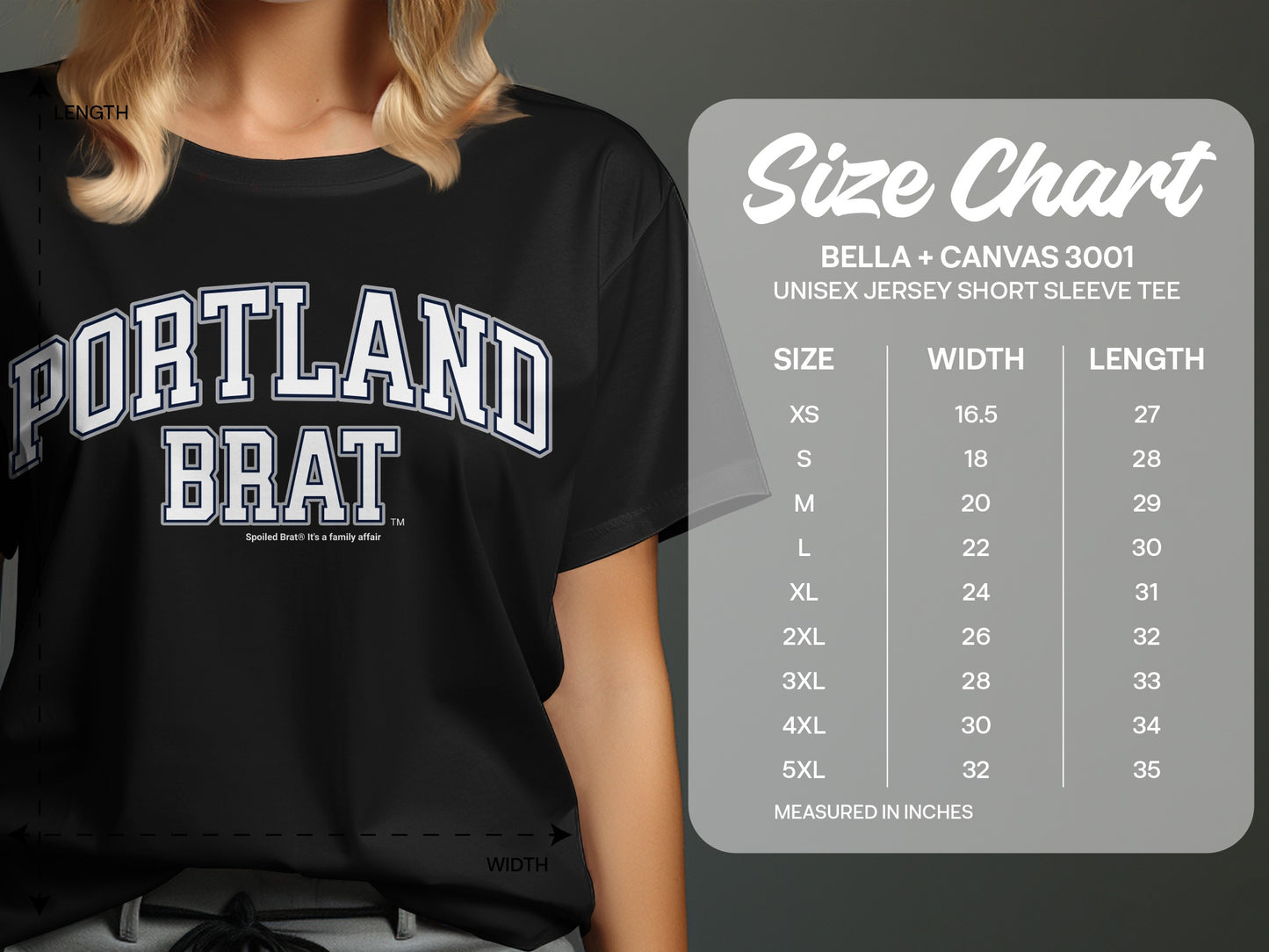 Black t-shirt with "PORTLAND BRAT" text and a size chart.