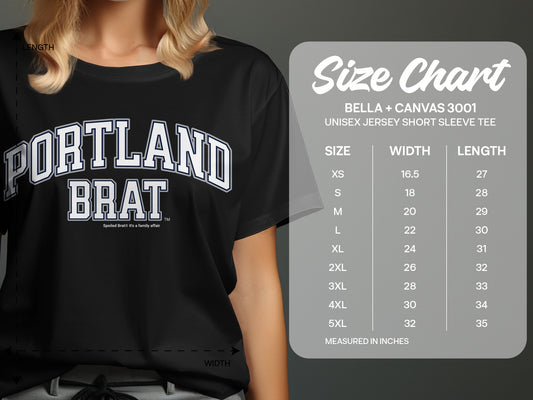Black t-shirt with "PORTLAND BRAT" text and a size chart.