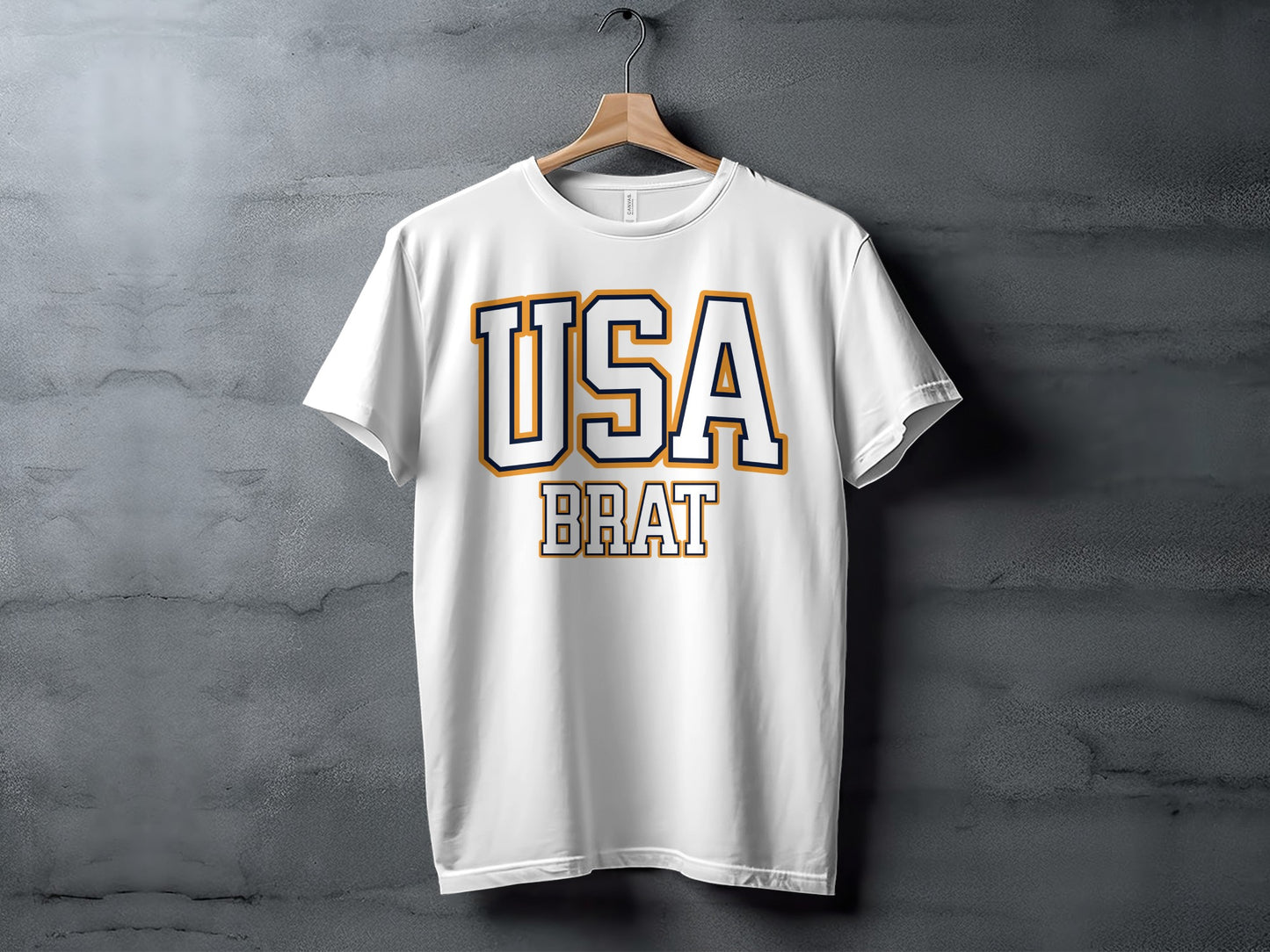 White t-shirt with "USA BRAT" text in orange and navy blue lettering.