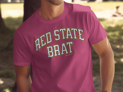 T-shirt with "RED STATE BRAT" text in white and yellow lettering.