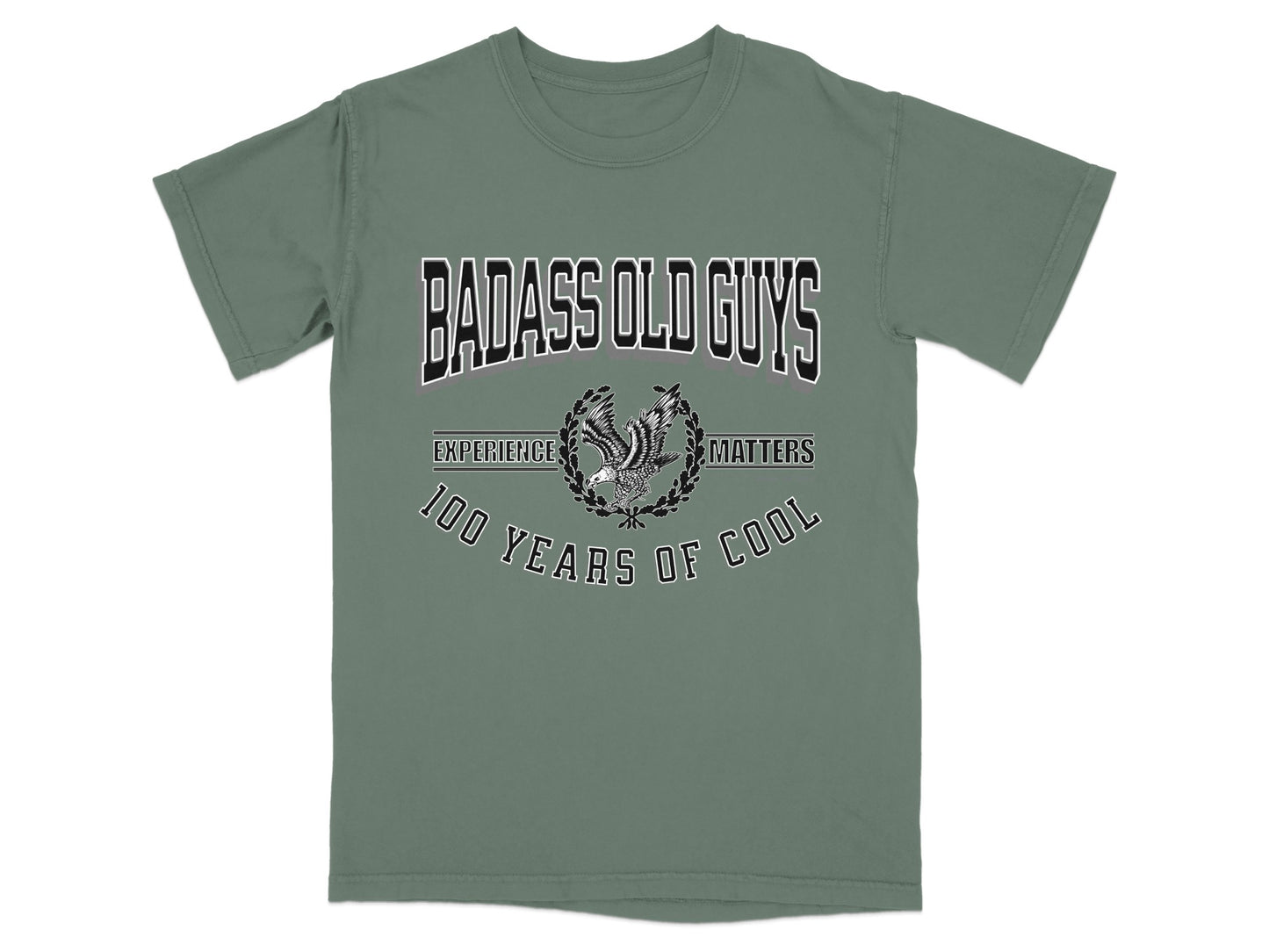 T-shirt with "Badass Old Guys Experience 100 Years of Cool" text and eagle graphic.