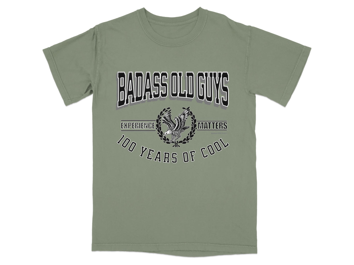 T-shirt with "Badass Old Guys Experience Matters 100 Years of Cool" text.