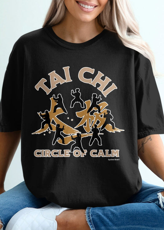 Black t-shirt with "Tai Chi Circle of Calm" text and martial arts figures.